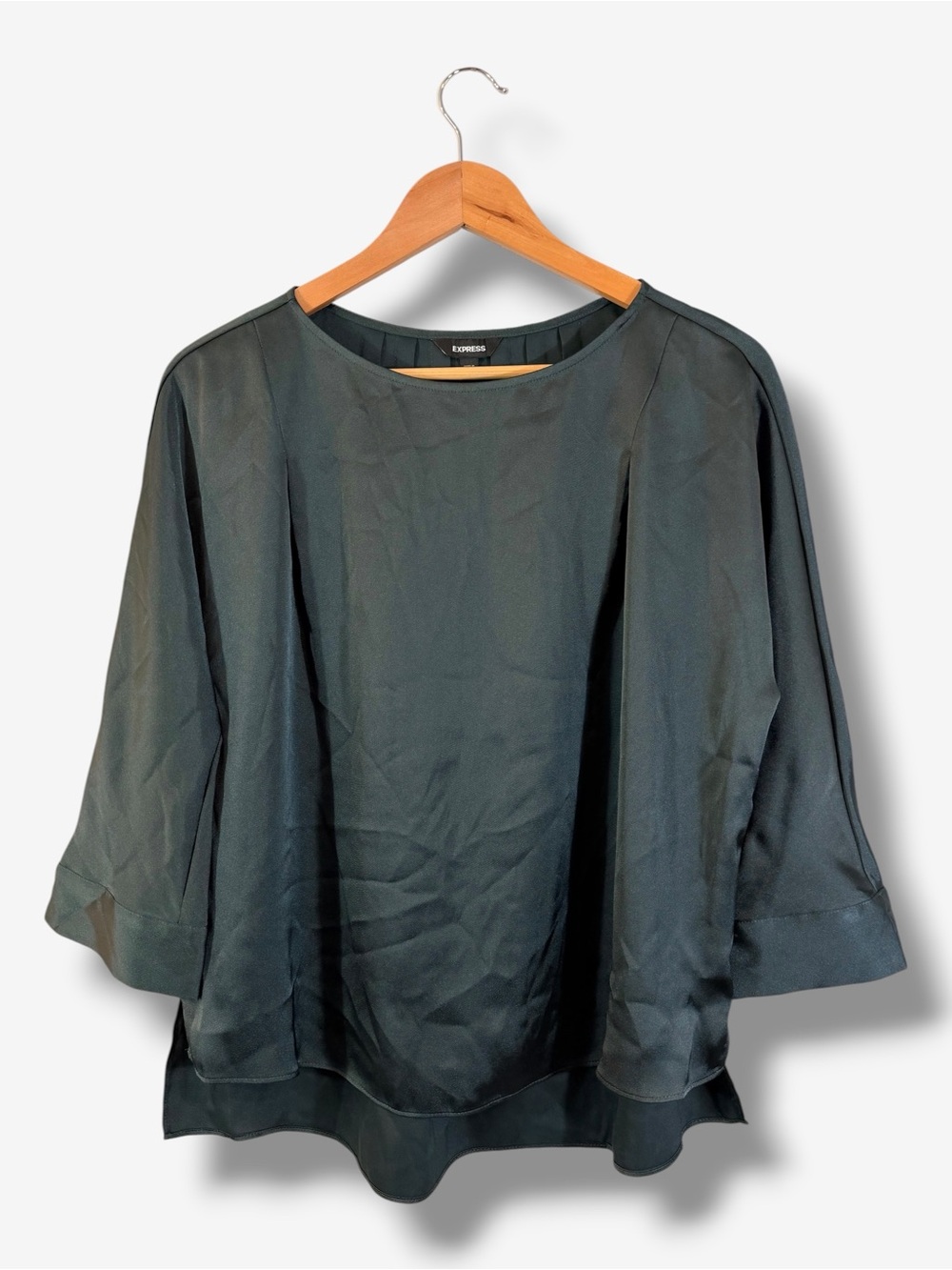 Express Satin Blouse XS Hunter Green Wide Sleeve Holiday Party Cocktail Casual